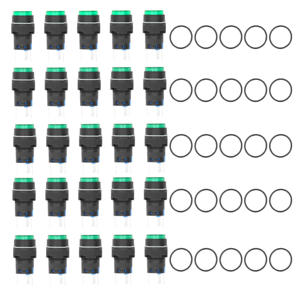 25 st Momentära Knappbrytare med Självlåsning, 5-polig, 16 mm, med Ljus, 24V Set Kit för Utrustning, Grön