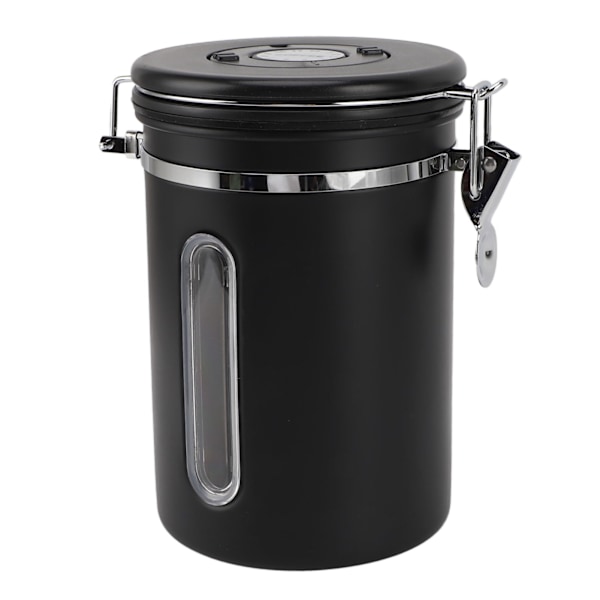 Kaffeboks 1800ml 304 Rustfritt Stål Vindusdesign Enveis Ventil med Skje Lufttett Kaffebeholder for Kaffebønner Matt Svart