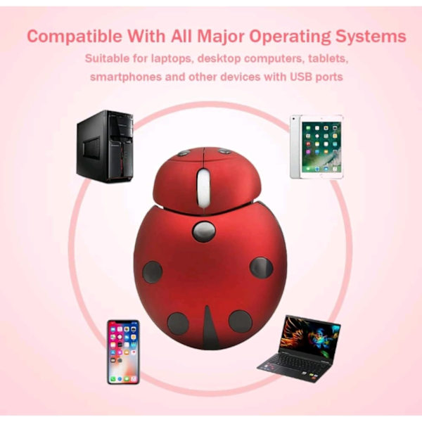 Cute Wireless Mouse Ladybug Design Dual Mode Compatible - Optical Plastic Mouse for All Computers No Batteries