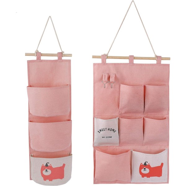 2 design av linveggoppbevaringspose (rosa) med små lommer for hjem og kontor