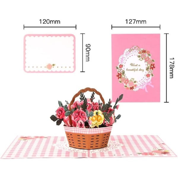 Rose Basket Flowers 3D Pop Up -kortti tyttöystävälle, vaimolle, äidille - ystävänpäivä, äitienpäivä onnittelukortti, jossa on kukkakimppu