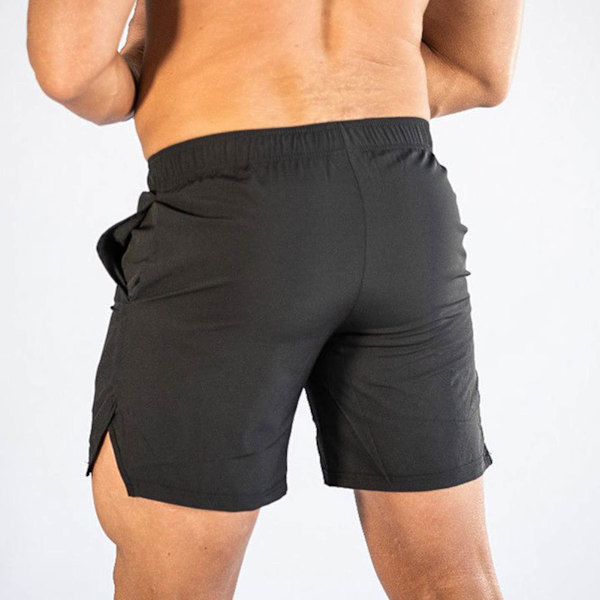 Herr Sport Shorts med Fick Snabbtorkande Andningsbart Mesh Snörning Svart Män Running Shorts för Fitness Svart med Vit Etikett L
