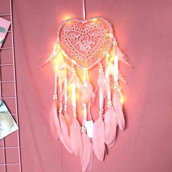 Fjerdrømmefanger, Fjerdrømmefanger med LED-lys, hjerteform, håndlavet udsøgt fjerdrømmefanger, Hot Pink