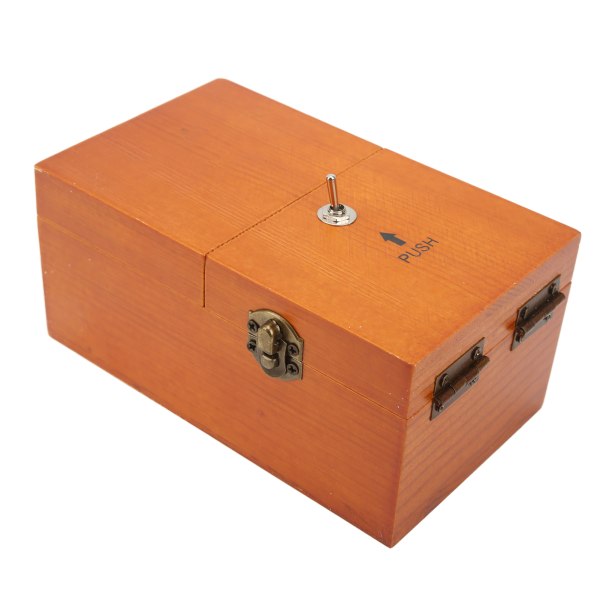 Miljövänlig Natural Pine Useless Box med metallknappar - Rolig present för barn och vuxna (brun)