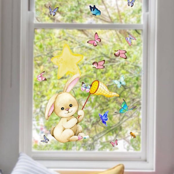 Fönsterklistermärken - 1 fantastisk kanin fångar fjäril dekorativa statiska klistermärken för att förhindra att fåglar kolliderar i dina fönster