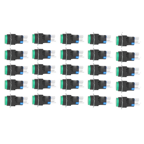25 st Momentära Knappbrytare med Självlåsning, 5-polig, 16 mm, med Ljus, 24V Set Kit för Utrustning, Grön