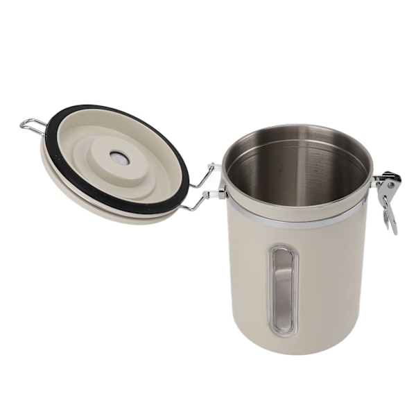 Kaffebehållare 1800ml 304 Rostfritt Stål Fönsterdesign Envägsventil med Sked Lufttät Kaffebehållare för Kaffebönor Beige