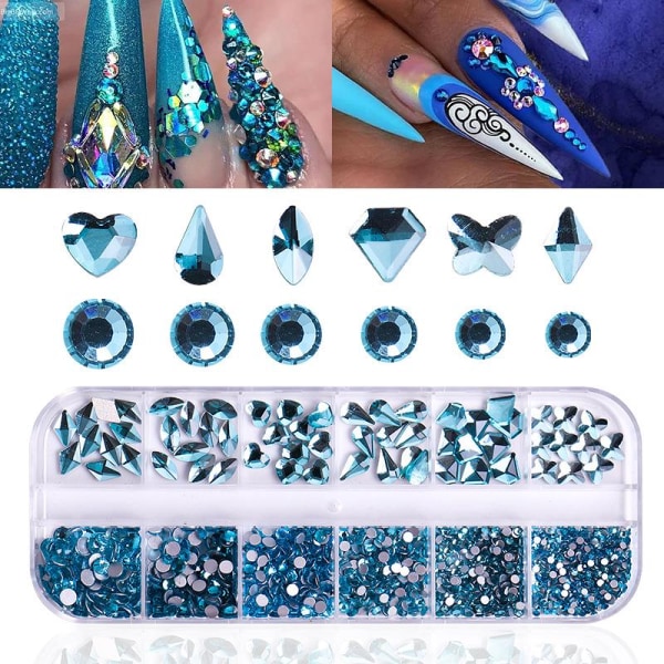 (Blå) 12 Kristallstenar för Nail Art - Nail Art, Crystal Rhinestone Nail Art, Blandade storlekar, Diamond Nail Decoration Shiny Colorful Crystals in Box