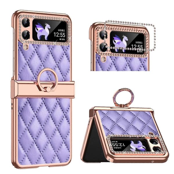 Plated Rhinestone Case Compatible with Samsung Galaxy Z Flip 4, PU Leather Case with Hinge Protection & Ring Holder