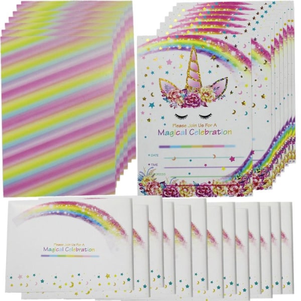 24 stemplede enhjørning fødselsdagsinvitationskort Rainbow Stars konvolutsæt (kort 2)