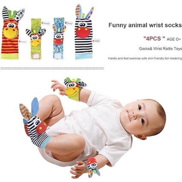 Håndledssok med rangle Baby Activity Legetøj Plys Montessori uddannelse i 0-6 måneder (2 stk håndled og 2 stk sokker)