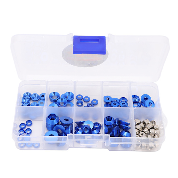 RC Skruvbrickor Set CNC-bearbetad Aluminiumlegering RC Platta Brickor Kopphuvud Packning Rundhuvud Brickor Mutter för 1/10 1/8 Blå