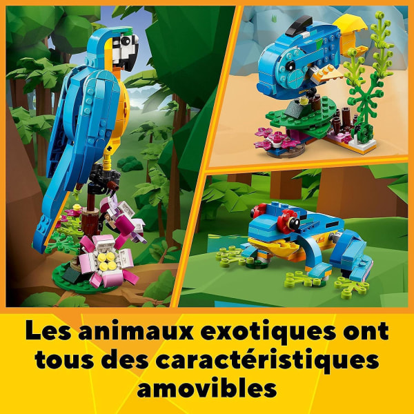 Exotic Parrot Creator 3-i-1 set med djungeldjursfigurer, groda och fiskar - Kreativt spel för barn från 7 år och uppåt
