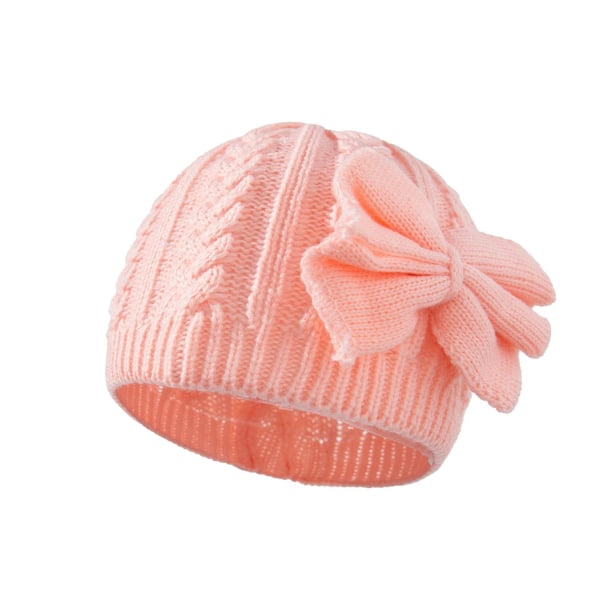 Varm strikket lue for barn ensfarget rund knute ulllue (rosa)