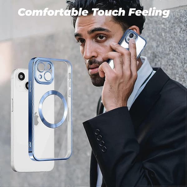 Case for iPhone 14, iPhone 14 (6.1 inch) Mobile Phone Case Compatible with Wireless Charging, Blue Edge Electroplated Soft TPU Shockproof Case for iPho