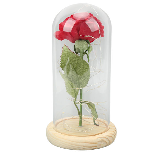 Ros i Glaskupa Lyckobringande Vacker Symbolism Romantisk Förtryllande Ros Romantiska Presenter med LED-Ljus för Alla Hjärtans Dag Grönt Blad Safflor