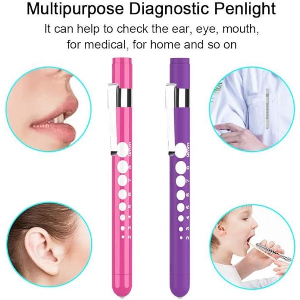 2 diagnostiska medicinska pennljus (lila + rosa), återanvändbara mini-LED-pennljus, ficklampor, nödlampor för läkare och sjuksköterska