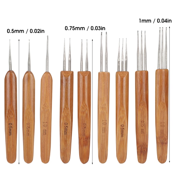 Dreadlock heklenålsett (9 stk) - Bambushåndtak, enkelt/dobbelt, hårveveverktøy