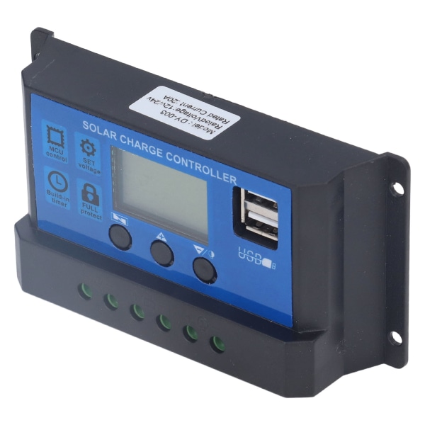 Solcellelader med LCD-skjerm, automatisk identifikasjon med 5V Smart 2 USB-porter 20A 12V 24V