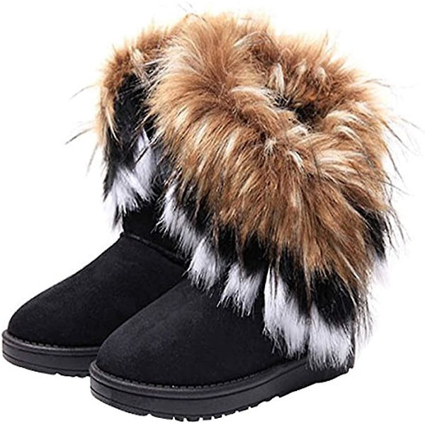 Faux pels vinter ankelstøvler for kvinner - Slip On, Flat og Cozy36 Svart