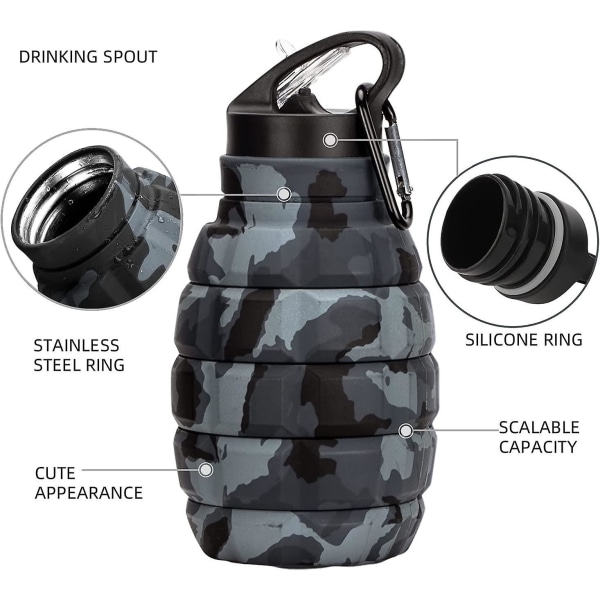 Kokoontaittuva BPA-vapaa silikonivesipullo karabiinilla - 580 ml:n urheilupullo pyöräilyyn, urheiluun ja festivaaleille