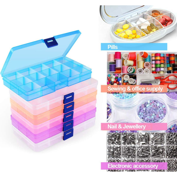 6 st förvaringsbox, (15 fack, 5 färger) Organizer för smycken i plast för halsband, örhängen, piller för användning
