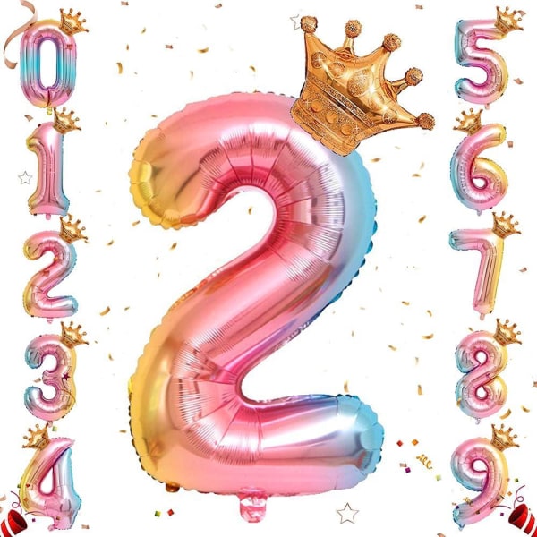 Numeroheliumfolioilmapallo, 32 tuuman sateenkaarinumeroilmapallot kruunulla syntymäpäivään, syntymäpäiväjuhlakoristeita (nro 2)