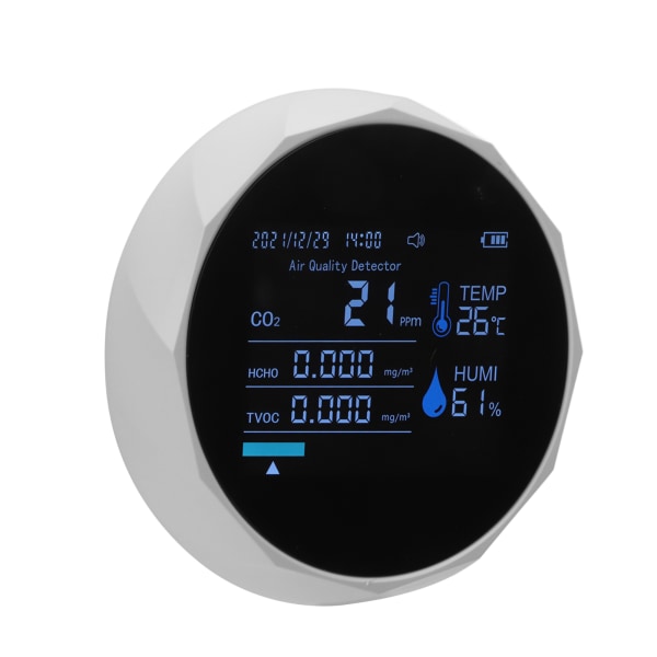 CO2-monitor 7 i 1 intelligent luftkvalitet temperatur fuktighet TVOC karbondioksiddetektor hvit