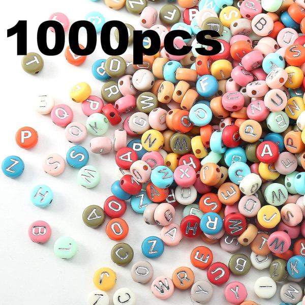 1000 stk fargerike bokstavperler med sølvbokstaver A til Å, 7 mm akrylperler for gjør-det-selv-armbånd og smykker til barn