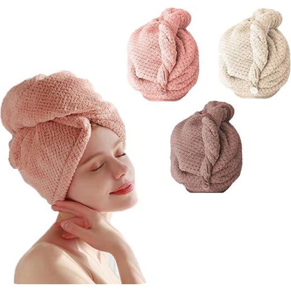3 håndklesett (rosa+brun+khaki), tørkehåndkle i mikrofiber, hurtigtørrende bandana, superabsorberende tørkehette, badehåndkle for kvinner