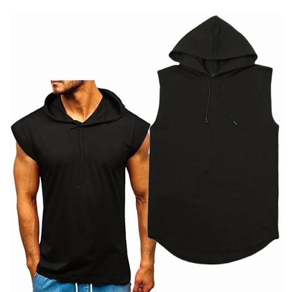 Herrarnas Ärmlös Huvtröja Gym Tröja Väst Topp Hudvänlig Polyester Solid Färg Svart 2XL