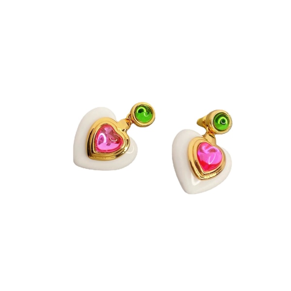 Moderigtige hjerteformede øreringe i hvid harpiks med lyserøde ædelstensindlæg