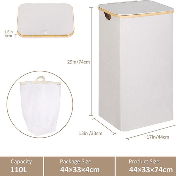 110 liters vasketøjskurv med netlomme og låg (beige), bambushåndtag, XXL foldbar vasketøjskurv