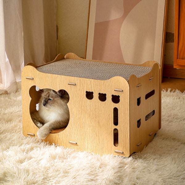 Kattenskrapehus med gjemmested, dobbelt lag, stabelbar, slitesterkt papphus for katter med 2 skrapeplater og åpning for kattehode