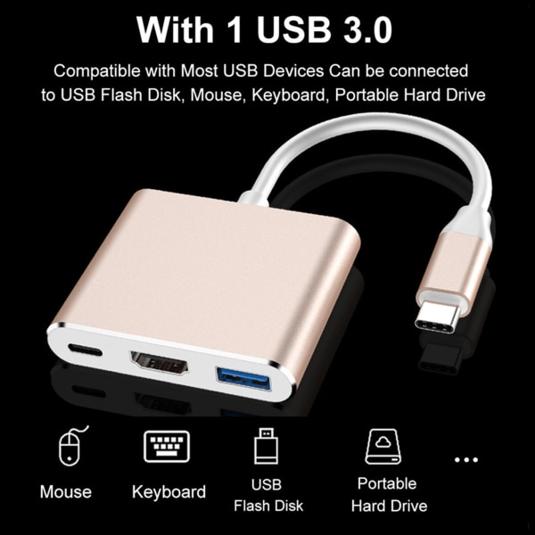 3-i-1 USB C Hub: Type C til HDMI 4K, USB 3.0 og USB C