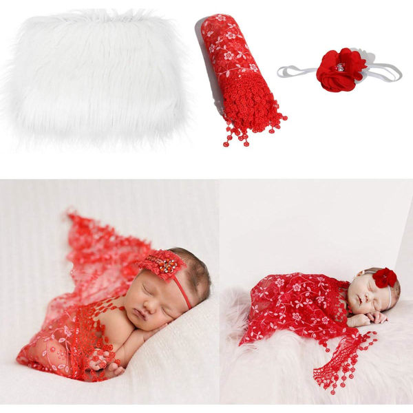 Babyfotorekvisitter 3 stk Hvid+Rød Baby Fluffy Tæppe+Newborn Wrap+Pandebåndsæt med blomster til drenge piger DIY fotografering outfits