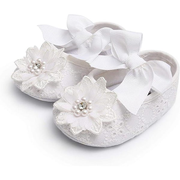 Vit 13 cm Baby Girl Skosnören Present Pannband Set Toddler Flickor Söt vårblomma Mjuk sula Halkfria Sneakers Princess Shoes