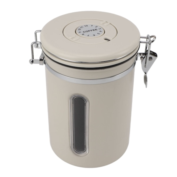 Kaffebehållare 1800ml 304 Rostfritt Stål Fönsterdesign Envägsventil med Sked Lufttät Kaffebehållare för Kaffebönor Beige