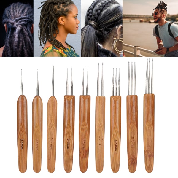 Dreadlock Virknål Set (9st) - Bambuhandtag, Enkel/Dubbel, Hårvävningsverktyg