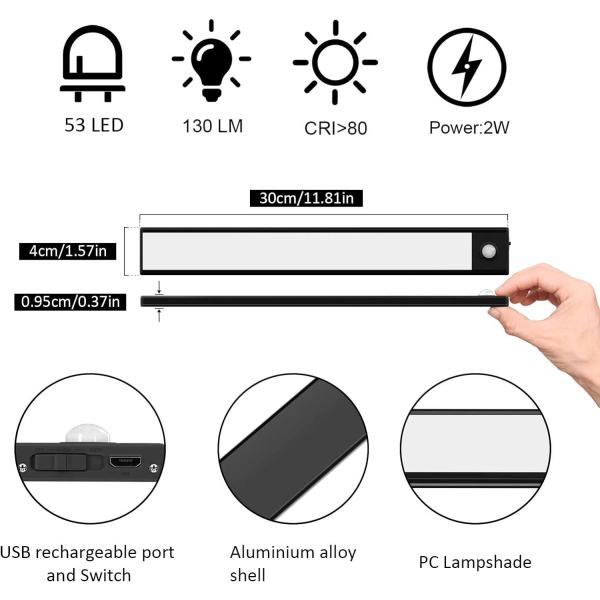 2 stk 30 cm skaplys trådløs USB oppladbar bevegelsessensor 3 lysmoduser skaplys 6000K Cool White Black