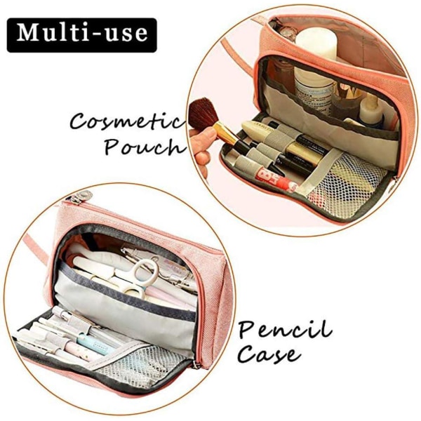 Multifunksjonelt blyantveske med stor kapasitet uten penn (rosa) Premium Canvas pennal, søt kreativ skriveveske