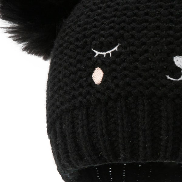 Broderad stickad mössa för barn Solid ullmössa med dubbla bollar för baby höst och vinter (svart)