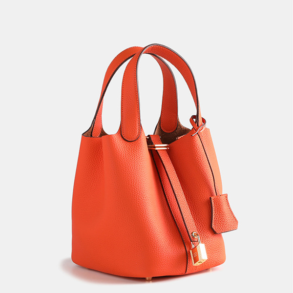 Stor Orange Läderhinkväska med Lychee-Design Perfekt för Vardagsbruk Orange