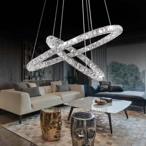 Aufun 48W modern LED-kristall taklampa med 2 ringar, kreativ belysningsarmatur för sovrum, vardagsrum (dimbar, 48W)