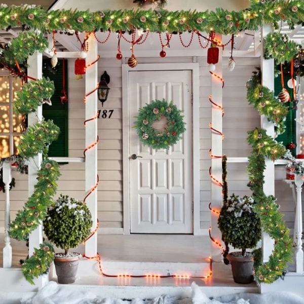Aufun julkrans, PVC-grangirland med kottar och röda bär för att dekorera dörr, fönster (50 cm)