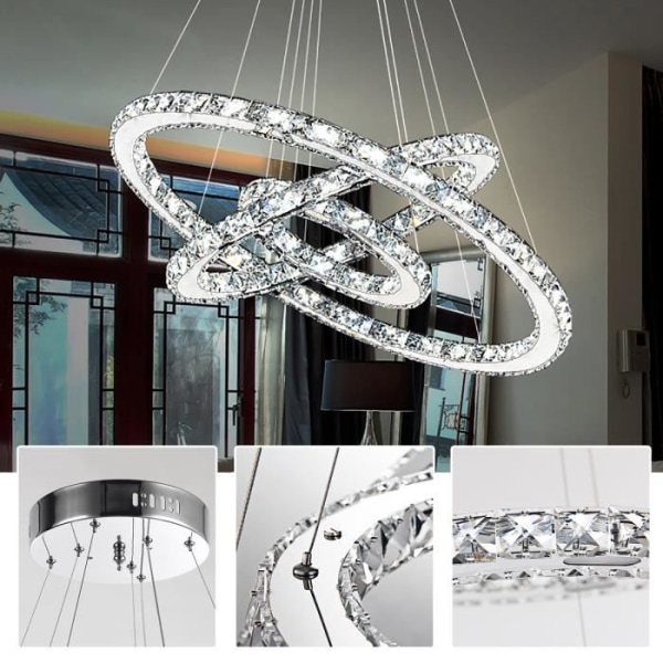 Aufun 72 W Modern Crystal LED 3-ringar Design, Creative Chandelier Pendellampa för sovrum, vardagsrum, matsal, cool vit