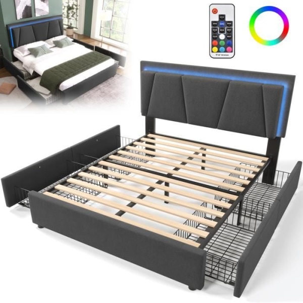 AUFUN stoppad säng 160x200 cm med ambient LED-belysning, justerbar sänggavel och praktiska förvaringslådor, Grå