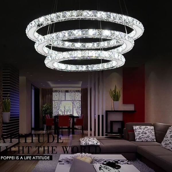 Aufun 72 W Modern Crystal LED 3-ringar Design, Creative Chandelier Pendellampa för sovrum, vardagsrum, matsal, cool vit