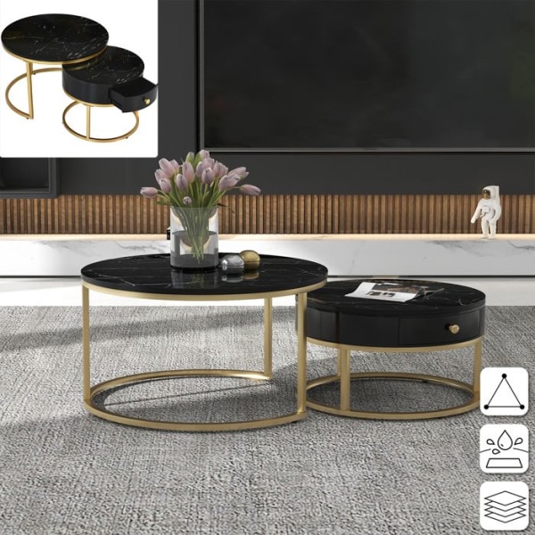 Aufun Modernt häckande soffbord, runt häckande soffbord med Tiro, soffbord med marmormönster, industriell stil, svart