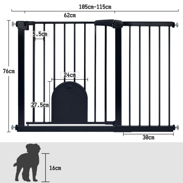 Aufun Dörr- och trappskyddsgrind, För utrymme på 105 -115 cm, Hundskyddsgrind med kattlucka - Svart
